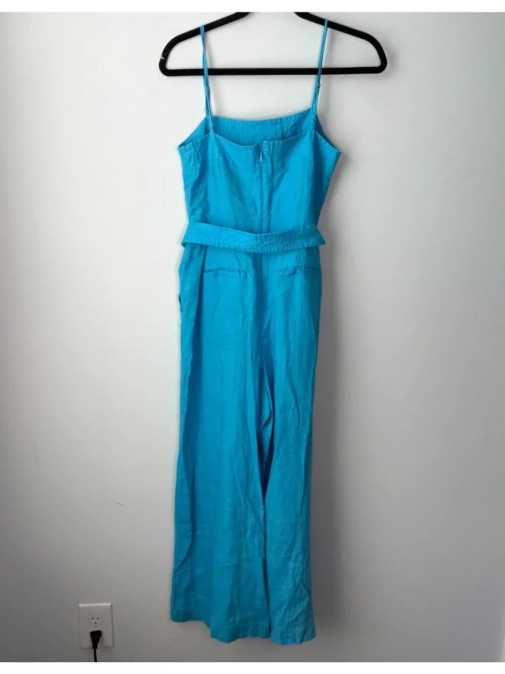 J. Crew Tie Waist 100% Linen Wide Leg Cropped Jumpsuit Blue Sz 2 Preppy Coastal